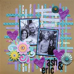 a scrapbook page with two pictures and hearts