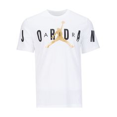 You can ball on and off the court in the Jordan Air Stretch Men's Crew Tee. You'll represent your favorite player of all time, as this shirt clearly displays the "Jumpman" and his name across the center. And the fit will complement your shape while still giving you plenty of room to make every free throw you try. Features: Features Jumpman front and center. Says "Jordan" prominently across the front. Short-sleeved. Details: Machine washable. Material: 100% Cotton. Jordan Shirt For Men, White Throwback T-shirt With Logo Print, White Basketball Team Logo Top, White Basketball Team Logo Tops, Throwback Sports Tops With Logo Print, Graphic Tee With Team Logo For Basketball, Basketball Graphic Tee Tops With Team Logo, Graphic Tee With Basketball Team Logo, Graphic Tee Tops With Basketball Team Logo