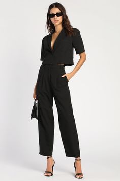 The Lulus Posh Company Black Pleated High-Waisted Trouser Pants will take your confidence levels to new heights! These dress pants are composed of woven fabric that shapes a pleated high-rise silhouette (with elastic at the back for fit), belt loops, a fabric-covered top button, and a hidden zip-fly. Relaxed, straight pant legs with side seam pockets end at ankle-length hems. Pair with the matching blazer for a complete look! Fit: This garment fits true to size. Length: Ankle length. Size medium Black Dress Pants Outfits, High Waisted Trouser Pants, Black High Waisted Pants, Dress Pants Outfits, Jumpsuit For Wedding Guest, High Waisted Pants Outfit, Lulu Fashion, Black Slacks, Pleated Pants