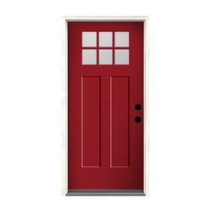 a red door with three panes on the front and side panels, is shown