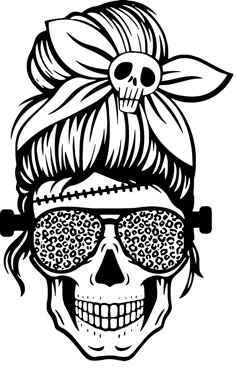 a drawing of a skull wearing sunglasses and a bandana with a flower in it's hair