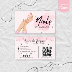 a pink business card with the words nails by samantha on it and an image of