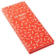 a red book with white writing on it that says so many lists in front of an orange background