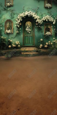 a painting of a green house with white flowers growing on it's walls and windows