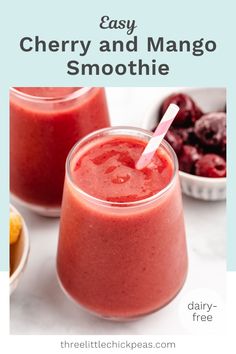 the recipe for cherry and mango smoothie is shown in two glasses with strawberries