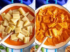 two pictures showing how to make ravioli in tomato sauce