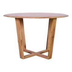 a round wooden table with two crossed legs