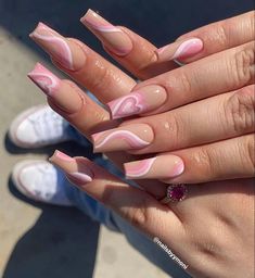 Pink heart and swirl design gel nails / acrylic nails Valentine Nails, Acrylic Nails Coffin Pink, Long Square Acrylic Nails, Nagel Inspo, Pink Acrylic Nails, Square Acrylic Nails