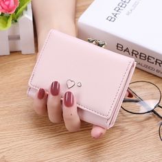 Material: This Wallet Made Of Pu Leather, It’s Durable And The Touch Feeling Is Comfortable. Size: 4.1” X 1.0” X 3.1”, Weight: 107g(4.3oz), 5 Card Slots, 2 Slip Pockets, 1 Id Window, And 1 Bill Site Compartments Perfect For Holding Your Money, Receipts, Checks, Etc, The Most Stylishly Designed Coin Purse Feature Is A Kiss-Lock Closure In The Middle For Coins,Beautiful And Practical, And So Hard To Resist Such An Attractive Wallet. Simple And Durable Stylish Small Wallet No Matter For Women, Girl Sew Wallet, Wallets For Girls, Cute Coin Purse, Three Fold, Purple Bag, Cute Wallets, Cute Purses, Two Hearts, Money Bag