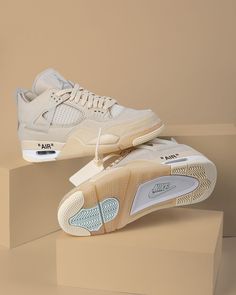 Air Jordan 4 x Off-White Beige Jordan 4 Offwhite, Jordan 4 Off White Sail, Jordan 4 Retro Off White, Jordan 4 Off White, Zapatillas Jordan Retro, Nike Fashion Shoes, Preppy Shoes