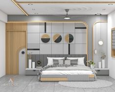 a modern bedroom with white and gold decor on the walls, flooring and furniture