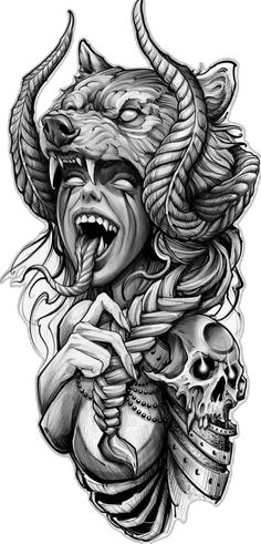 a drawing of a woman with horns and skulls on her head, holding a skull