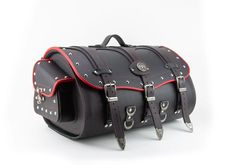 a black and red leather motorcycle bag with rivets on the front, two straps attached to it