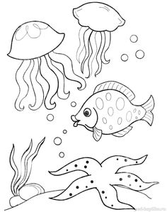 an underwater scene with jellyfish and other sea creatures coloring page for kids to color