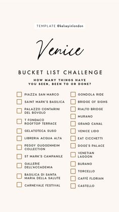 the venice bucket list is shown in black and white, with gold lettering on it