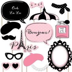 pink and black photo booth props with the words bonjou's paris on them