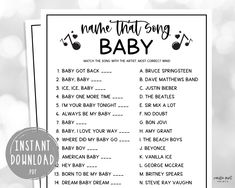 a baby shower game with music notes on the front and back cover, in black ink