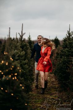 a man and woman walking through a christmas tree farm