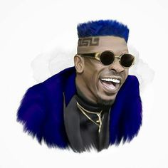 a digital painting of a man with sunglasses on his head and wearing a blue fur coat