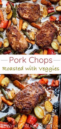 pork chops roasted with veggies on a sheet pan