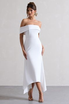 Windsor White Bardot Midi Dress – Club L London - USA Graduation Look, Midi Bridesmaid Dress, Bardot Midi Dress, Candy Dress, Club L London, Bardot Neckline, Black Dress Prom, Midi Dress Style, Black Tie Gala