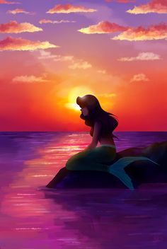 a painting of a mermaid sitting on a rock in the ocean at sunset or sunrise