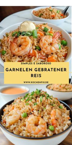 a bowl filled with shrimp, rice and vegetables