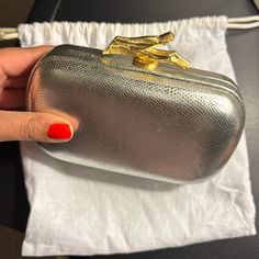 Dvf Lytton Metallic Minaudiere Clutch W/ Chain Silver With Gold Closure And Chain. Used As Pictured But Great Condition. Dvf Handbags, Chain Silver, Von Furstenberg, Diane Von, Diane Von Furstenberg, Silver Chain, Bag Lady, Chain, Silver