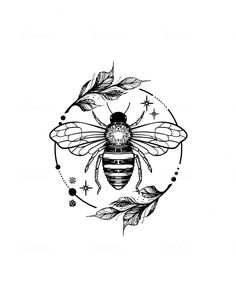 a black and white drawing of a bee with leaves on it's back side