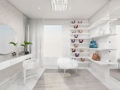 a white room with shelving and shoes on the shelves, along with a mirror