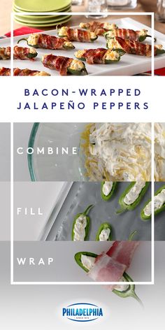 bacon wrapped jalapeno peppers with feta cheese and pickles on the side