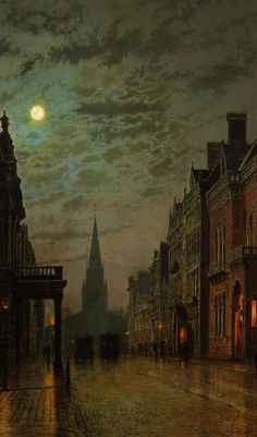 Atkinson Grimshaw, City Street, Leeds, At Night, The Sky, The Moon, Moon