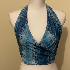 Sexy Snake Print In Blue. Halter Top Crop. Stretchy Size 10 ( M) I Also Have A Size 12 (L) Feel Free To Make An Offer Blue Stretch Crop Top For Club, Blue Crop Top For Club In Spring, Blue Crop Top For Club And Spring Season, Fitted Y2k Blue Tops, Fitted Blue Y2k Tops, Fitted Blue Y2k Style Tops, Blue Stretch Halter Neck Top, Blue Fitted Crop Top For Club, Blue Crop Top For Club In Summer