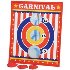 a carnival board game with red and blue pieces in front of it on a white background