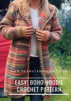 a woman wearing a multicolored knitted cardigan jacket with text overlay that reads easy bohoo crochet pattern