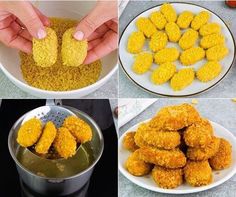 four pictures showing different stages of making fried food