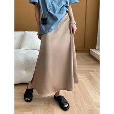 Lasaky - Premium Elastic Waist Luxurious Satin Draped Fish-tail Hem Split Midi Skirt Split Midi Skirt, Yoga Skirt, Tulle Midi Skirt, Black Denim Skirt, Denim Overalls, Types Of Skirts, Terry Cloth, Olivia Mark, A Line Skirt