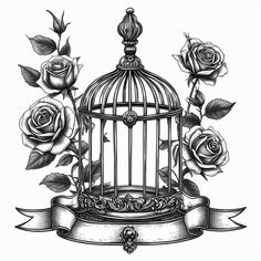 a bird cage with roses and ribbon around it