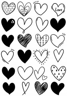 a bunch of hearts that are drawn in black and white