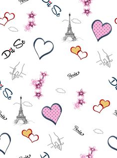 the eiffel tower with hearts and flowers on it is shown in this seamless pattern