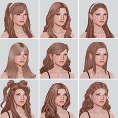 six different poses of a woman with long brown hair and various necklaces on her neck