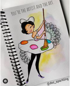 a drawing of a woman holding a paintbrush on top of a table next to a spiral notebook