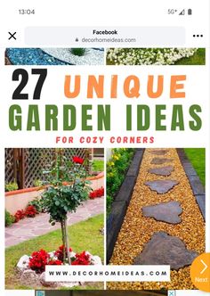 the cover of 27 unique garden ideas for cozy corners, including stepping stones and flowers