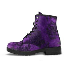 All of our Fashion Combat Boots are custom-made-to-order and handcrafted to the highest quality standards. - Made from vegan-friendly faux leather with a double-sided print and rounded toe construction. - Lace-up closure for a snug fit. - Soft textile lining with sturdy construction for maximum comfort. - High-quality rubber outsole for traction and exceptional durability. *Please note that colors may vary slightly from printed items to images on screen due to different lighting, screen resoluti Luxury Purple Boots With Round Toe, Purple Leather Foldover Boots, Patterned Boots, Boots Grunge, Medieval Boots, Printed Boots, Combat Boots Style, Purple Boots, Vegan Leather Boots