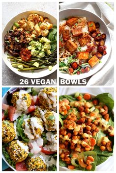 four different bowls filled with salads and vegetables in them, including broccoli, cauliflower, chickpeas, avocado