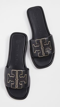 Tory Burch Double T Sport Slides | Shopbop Tory Burch Slides Outfit, Tory Burch Slides, Pretty Sandals, Sandals Outfit, Tory Burch Sandals, Logo Emblem, Slides Women, Girly Shoes, Cute Sandals