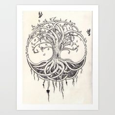 a drawing of a tree with roots and birds flying around it, on white paper