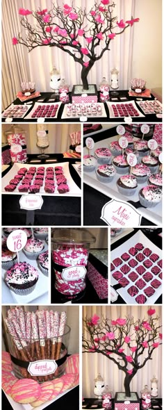 pink and black dessert table with cupcakes, candy bar and tree for wedding