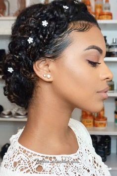 Milkmaid Braid Curly Hair, Halo Braids For Black Women Wedding, Afro Hair Updo Styles, Halo Braid Curly Hair, Braided Updo For Curly Hair, Halo Braid Wedding Hair, Wedding Braid Hairstyles Black Women, Mixed Hair Wedding Hairstyles, Prom Hairstyles Natural Hair