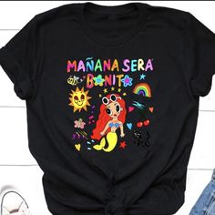 New In Black Maana Sera Bonito Girls T-Shirt Fun And Pretty Playful Black T-shirt With Character Print, Trendy Black T-shirt With Cartoon Print, Cute Black T-shirt With Text Print, Fun Black T-shirt With Front Print, Cute Black T-shirt With Screen Print, Cute Black T-shirt With Graphic Print, Playful Black T-shirt With Funny Print, Playful Black T-shirt With Graphic Print, Playful Black Top With Funny Print